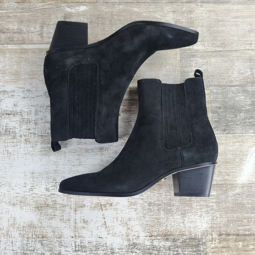 Veronica‎ Beard Alina Womens Chelsea Boots Sz 7 M Black Suede Leather Block Heel